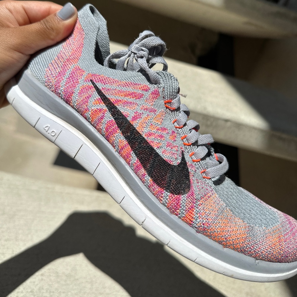 Nike Free 4.0 Flyknit Women's Running Shoes - Size 6 - Gray Pink Orange